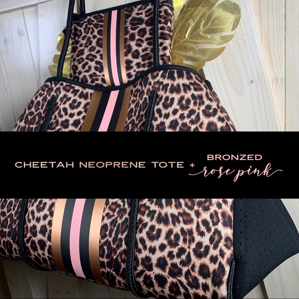 Neoprene TOTE Cheetah + metallic bronze baby pink & black racing stripes + more